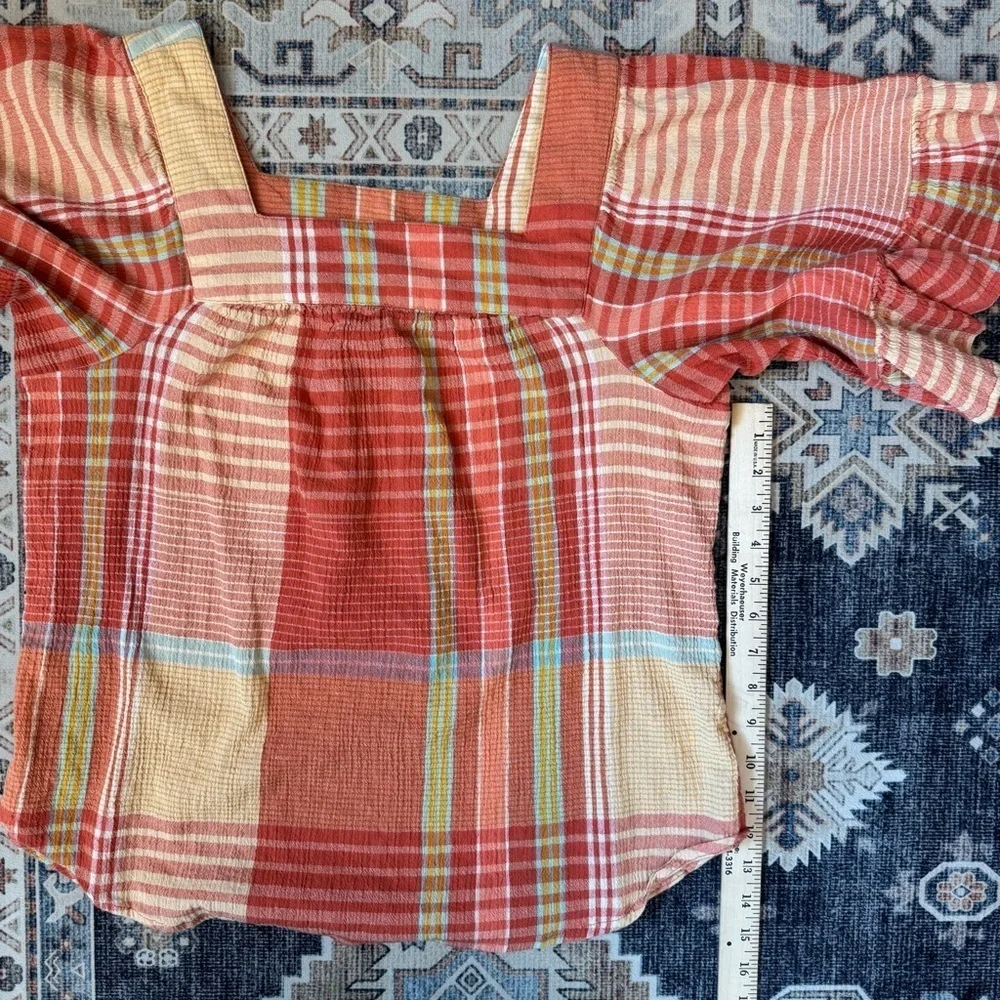 beachlunchlounge Naomi Orange Plaid Cotton Ruffle Blouse Women’s Size Large
